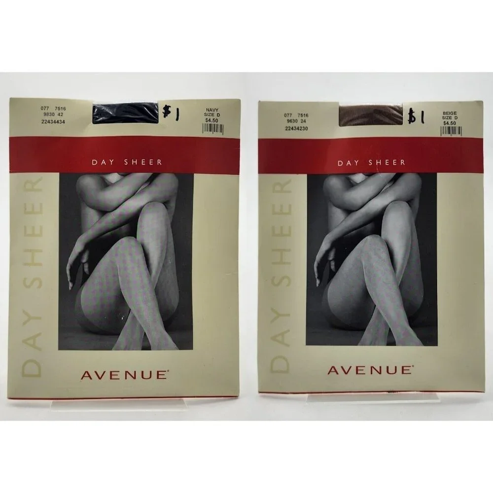 Lot of 2 NEW Avenue‎ Day Sheer Flat Knit Pantyhose Sandalfoot Ivory/Navy Size D